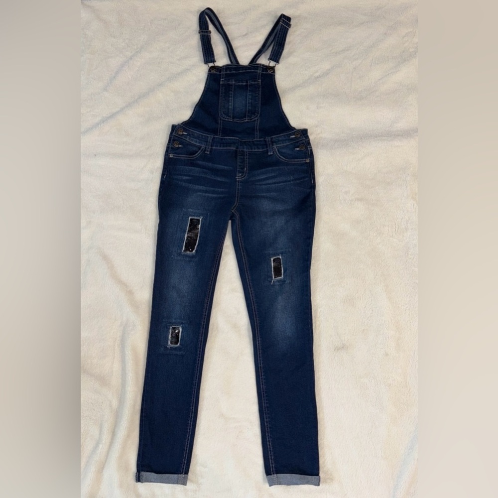 Justice Overalls Denim Sequin Embellished Cuffed Skinny‎ Jean Girls Size 16